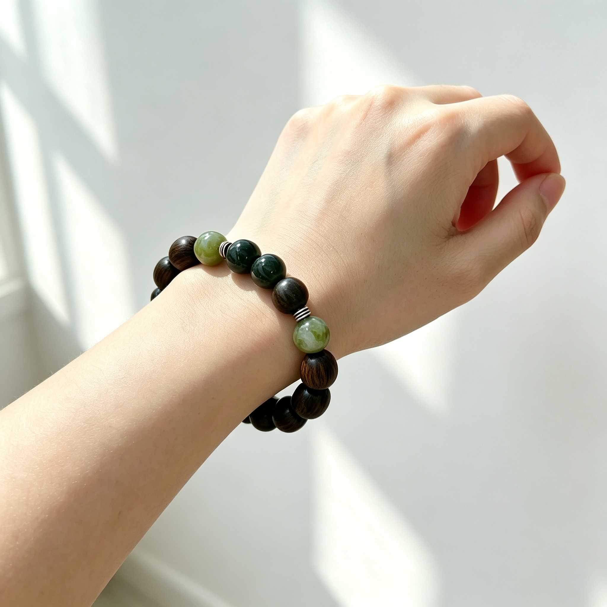 Green Sandalwood Serpentine Jade Green Rutilated Quartz Bracelet Natural Gemstone Beaded Bracelet For Protection Calm Wealth Career Luck Unisex Crystal Jewelry Gift