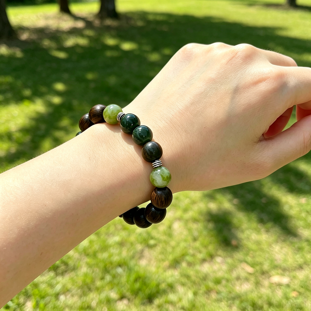 Green Sandalwood Serpentine Jade Green Rutilated Quartz Bracelet Natural Gemstone Beaded Bracelet For Protection Calm Wealth Career Luck Unisex Crystal Jewelry Gift
