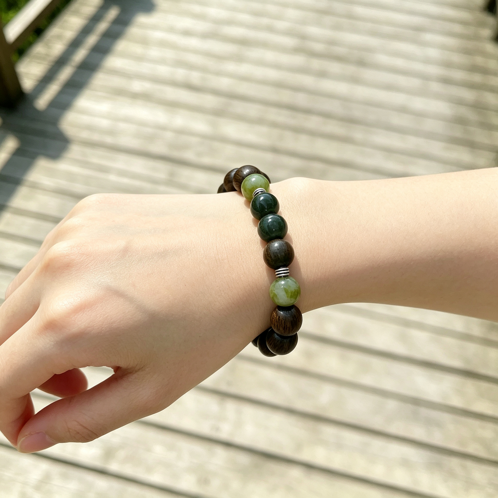 Green Sandalwood Serpentine Jade Green Rutilated Quartz Bracelet Natural Gemstone Beaded Bracelet For Protection Calm Wealth Career Luck Unisex Crystal Jewelry Gift