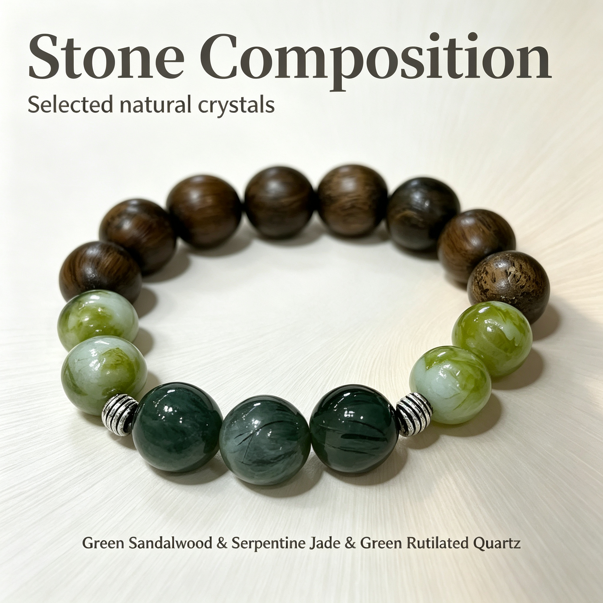 Green Sandalwood Serpentine Jade Green Rutilated Quartz Bracelet Natural Gemstone Beaded Bracelet For Protection Calm Wealth Career Luck Unisex Crystal Jewelry Gift