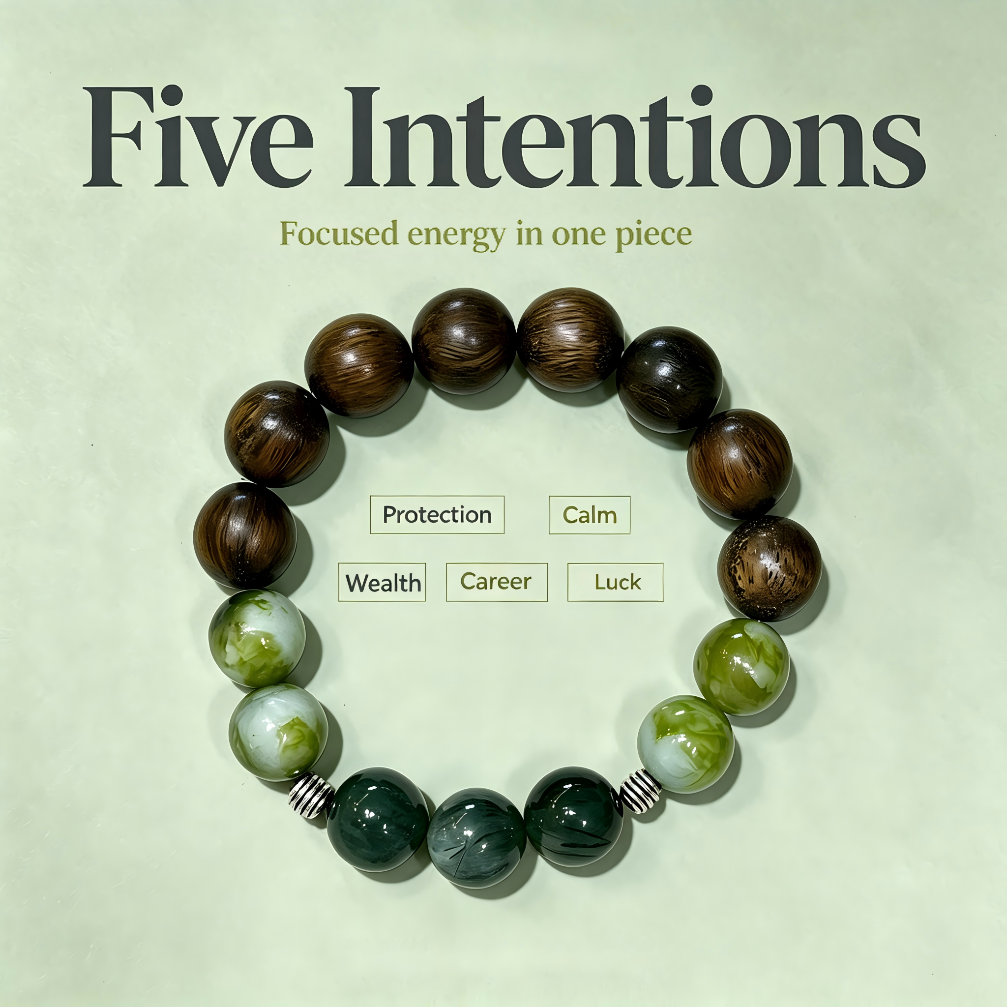 Green Sandalwood Serpentine Jade Green Rutilated Quartz Bracelet Natural Gemstone Beaded Bracelet For Protection Calm Wealth Career Luck Unisex Crystal Jewelry Gift