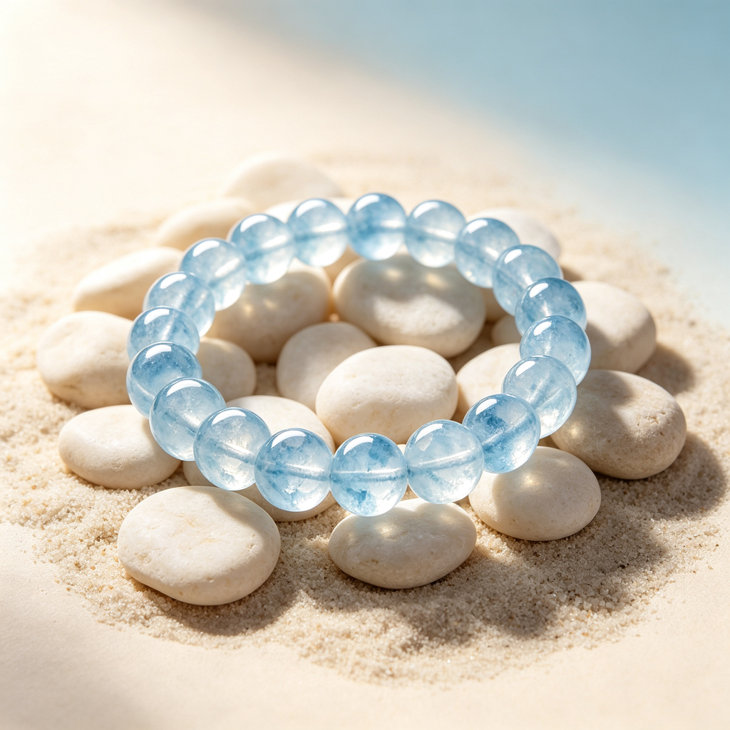Aquamarine Beaded Bracelet Natural Gemstone Calm Anxiety Protection Road Opener Luck Health Unisex Bracelet Unisex Jewelry Gift