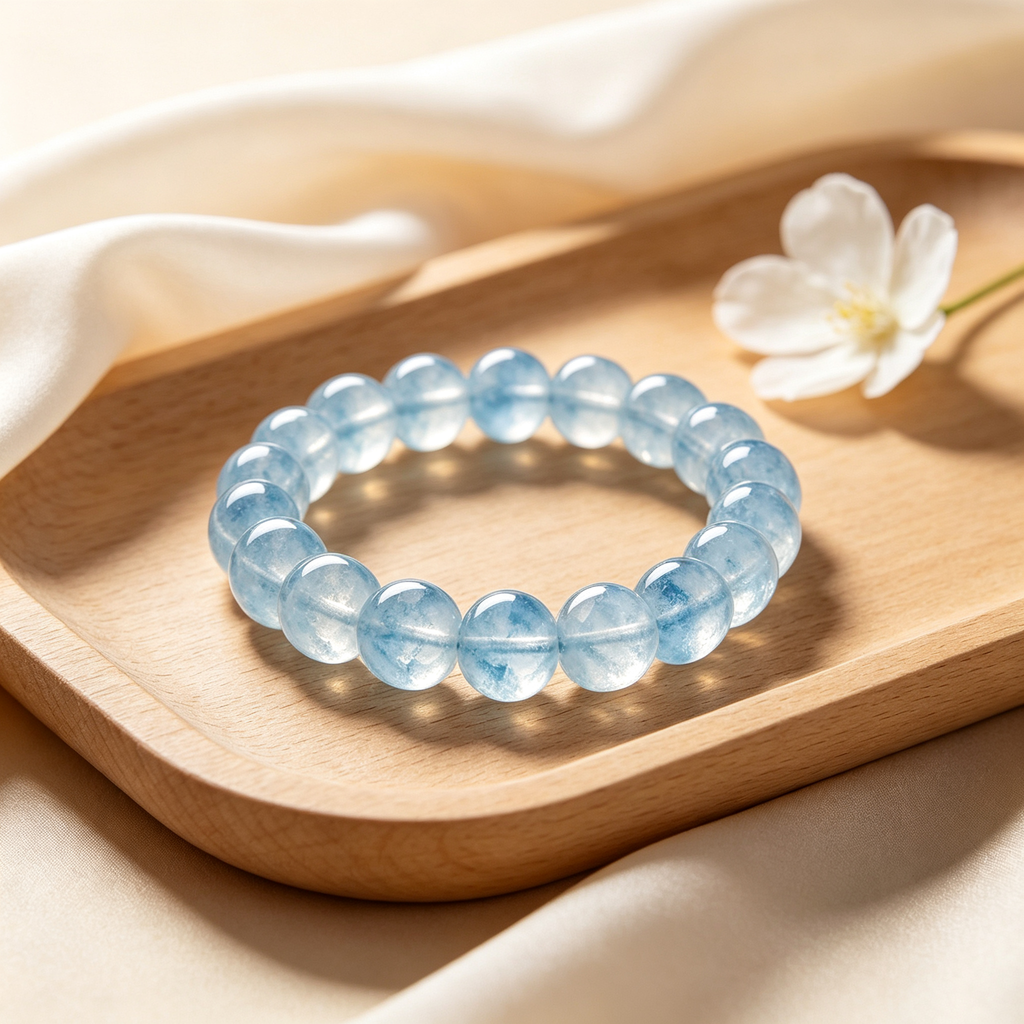 Aquamarine Beaded Bracelet Natural Gemstone Calm Anxiety Protection Road Opener Luck Health Unisex Bracelet Unisex Jewelry Gift