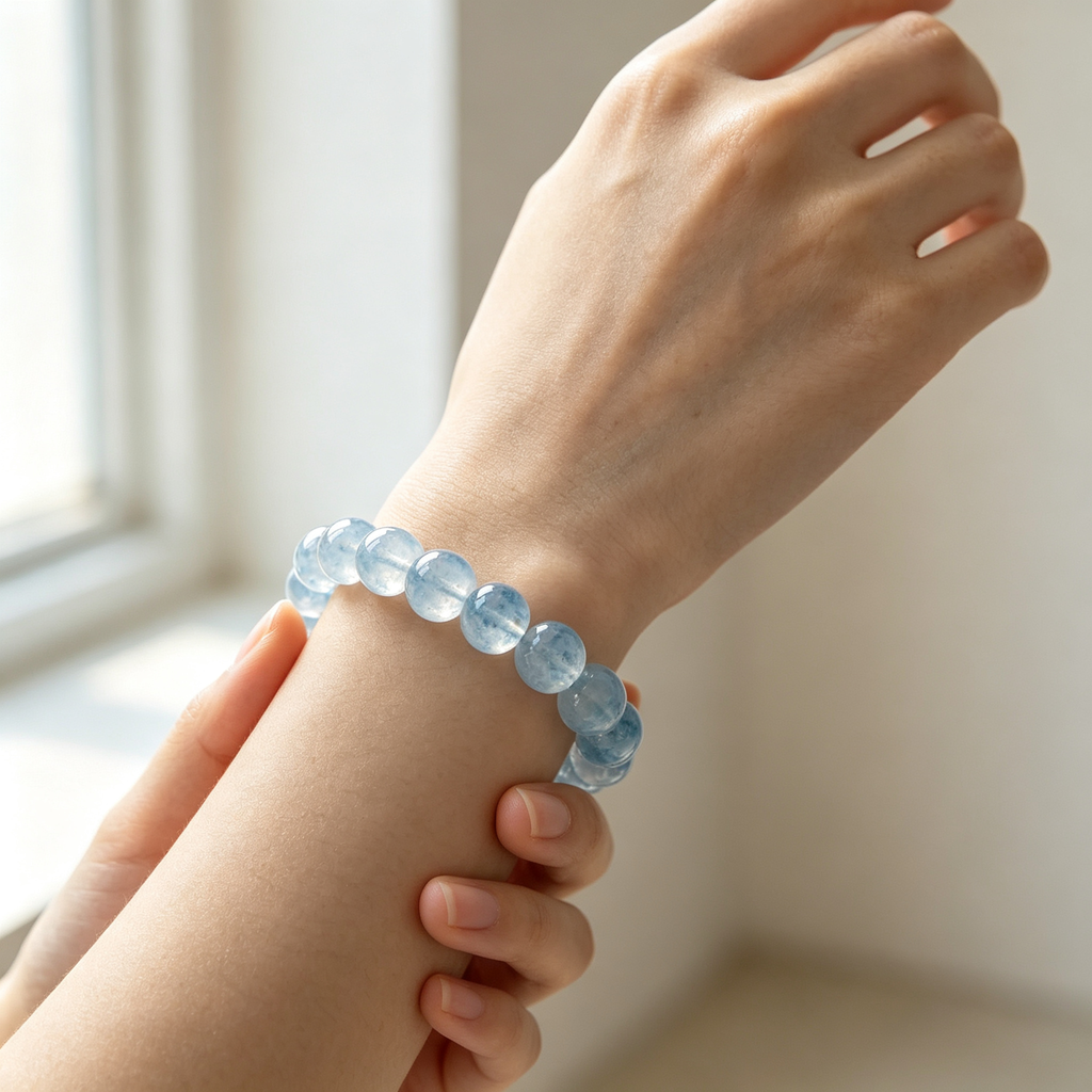 Aquamarine Beaded Bracelet Natural Gemstone Calm Anxiety Protection Road Opener Luck Health Unisex Bracelet Unisex Jewelry Gift