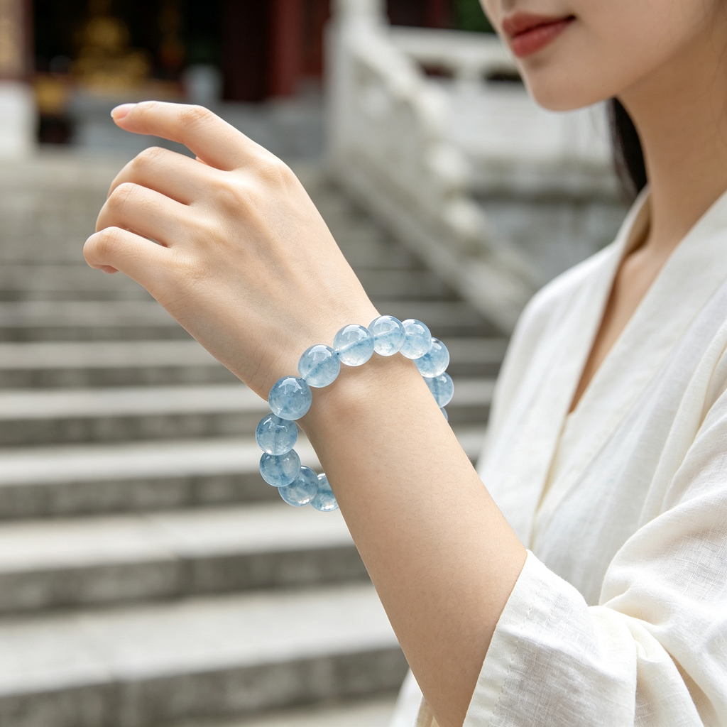 Aquamarine Beaded Bracelet Natural Gemstone Calm Anxiety Protection Road Opener Luck Health Unisex Bracelet Unisex Jewelry Gift