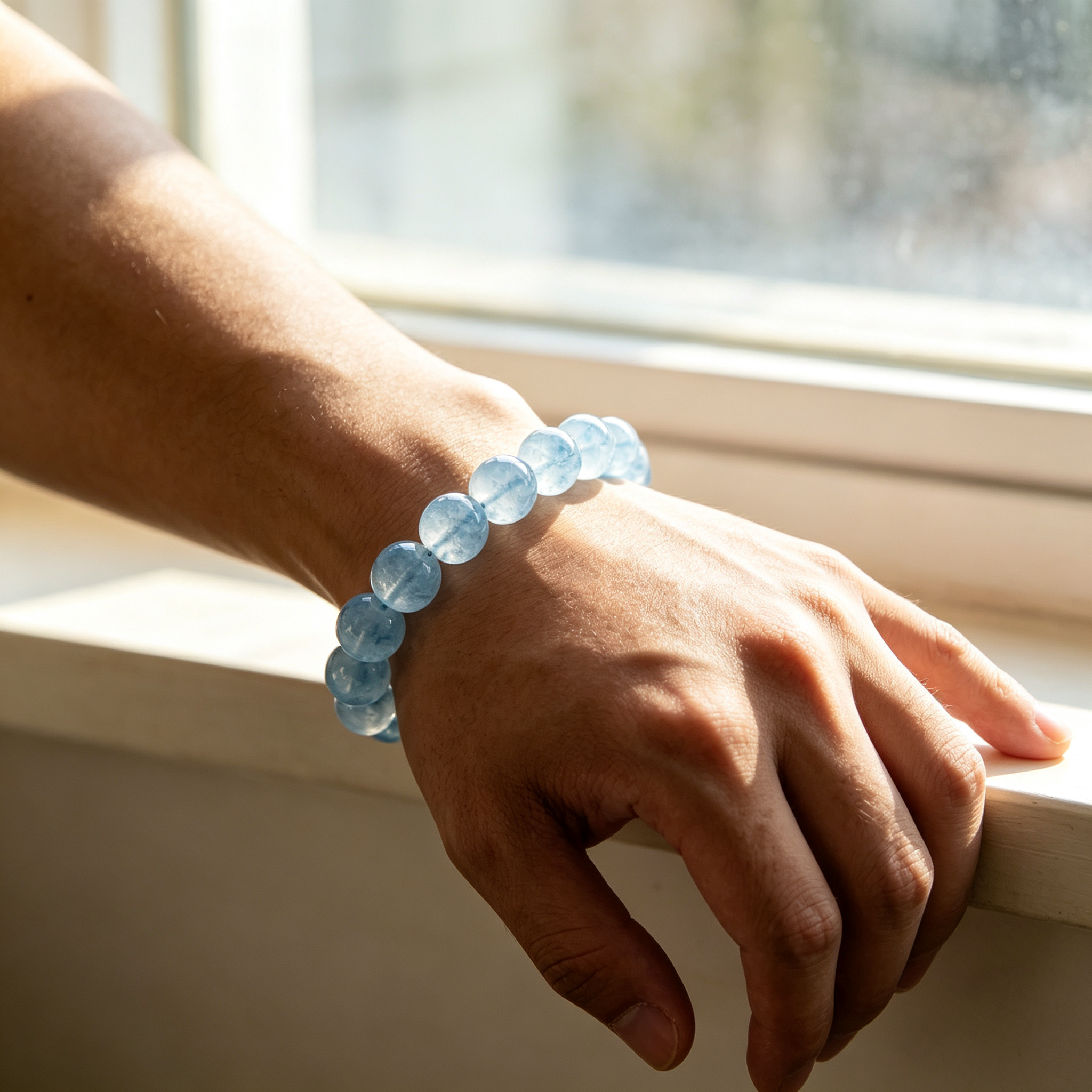 Aquamarine Beaded Bracelet Natural Gemstone Calm Anxiety Protection Road Opener Luck Health Unisex Bracelet Unisex Jewelry Gift
