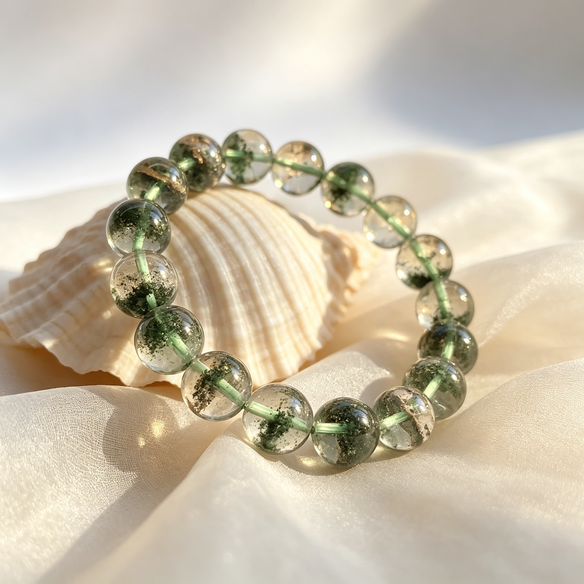 Green Phantom Quartz Bracelet Natural Crystal Beaded Bracelet For Wealth Career Luck Protection Road Opener, Unisex Crystal Jewelry Gift