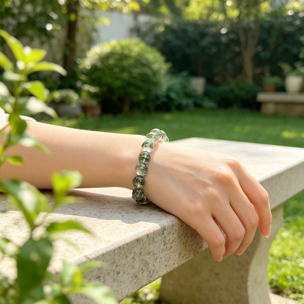 Green Phantom Quartz Bracelet Natural Crystal Beaded Bracelet For Wealth Career Luck Protection Road Opener, Unisex Crystal Jewelry Gift