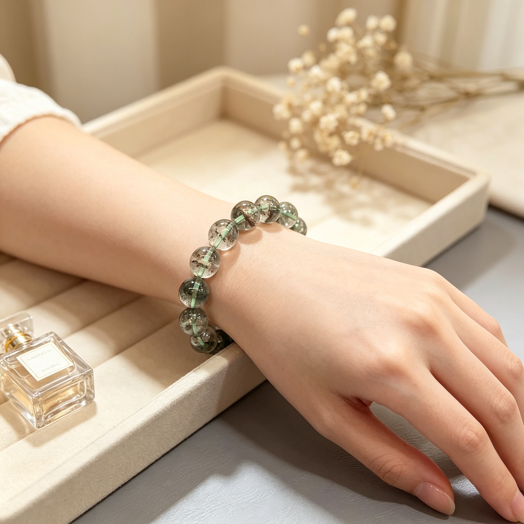 Green Phantom Quartz Bracelet Natural Crystal Beaded Bracelet For Wealth Career Luck Protection Road Opener, Unisex Crystal Jewelry Gift