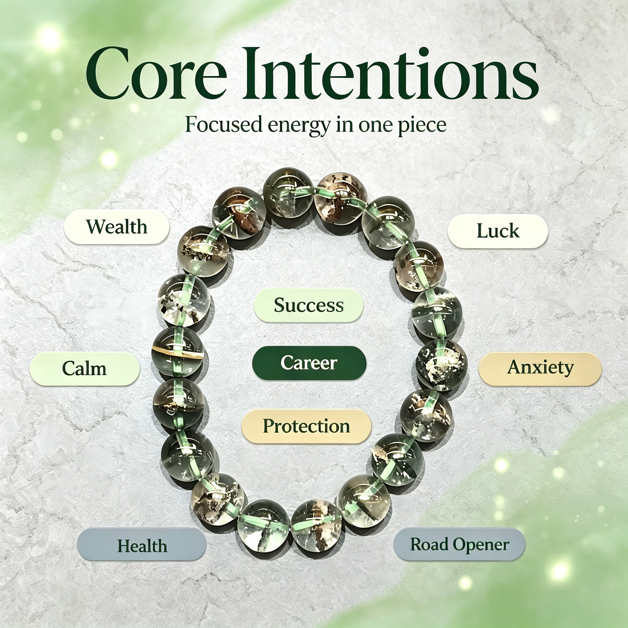 Green Phantom Quartz Bracelet Natural Crystal Beaded Bracelet For Wealth Career Luck Protection Road Opener, Unisex Crystal Jewelry Gift