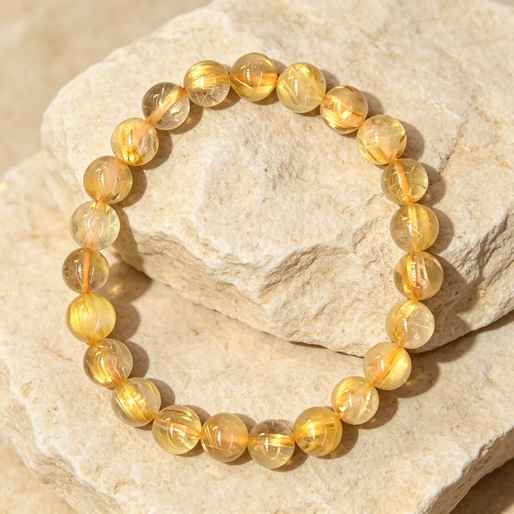 Gold Rutilated Quartz Beaded Bracelet Natural Crystal Wealth Success Career Luck Protection Road Opener Unisex Gemstone Bracelet