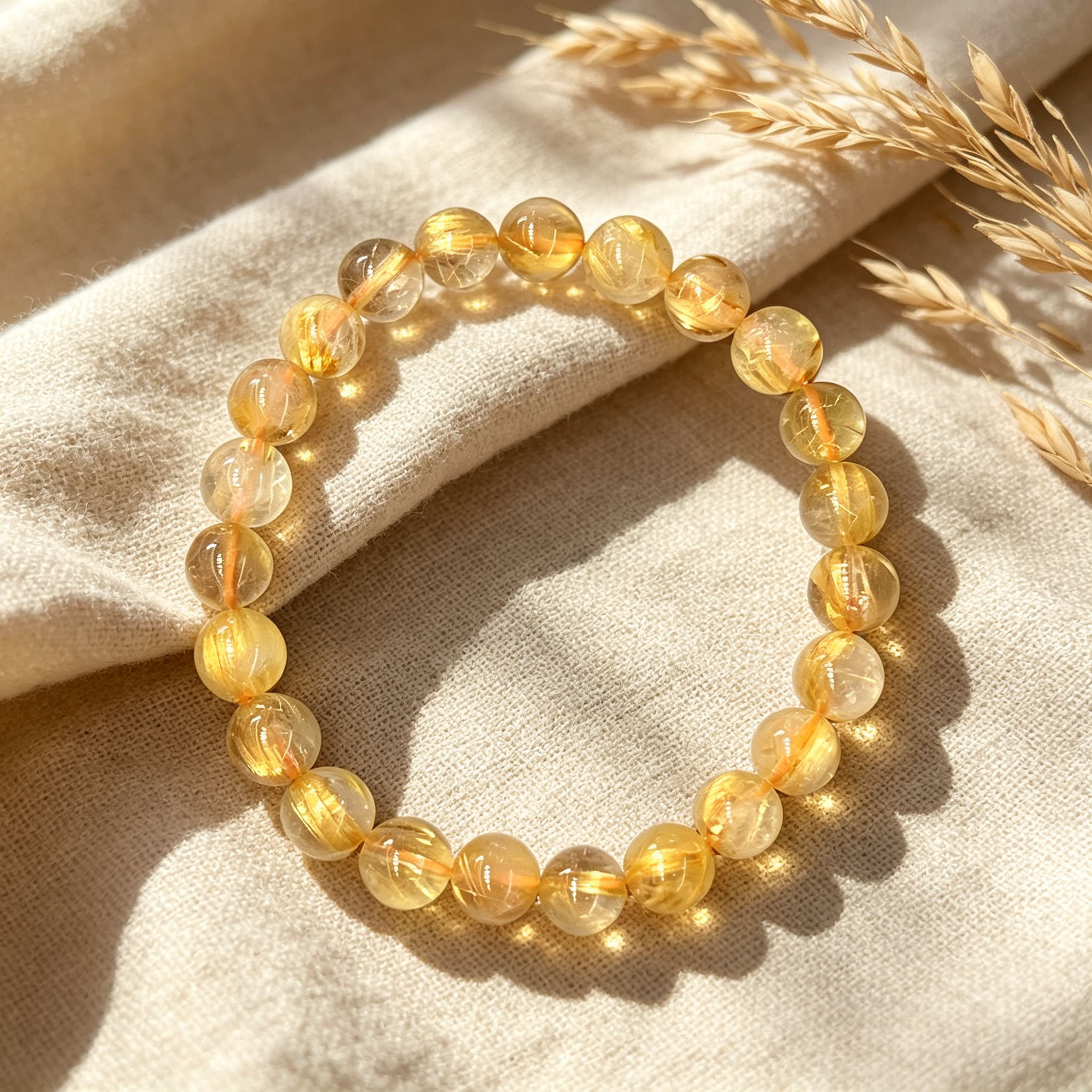 Gold Rutilated Quartz Beaded Bracelet Natural Crystal Wealth Success Career Luck Protection Road Opener Unisex Gemstone Bracelet