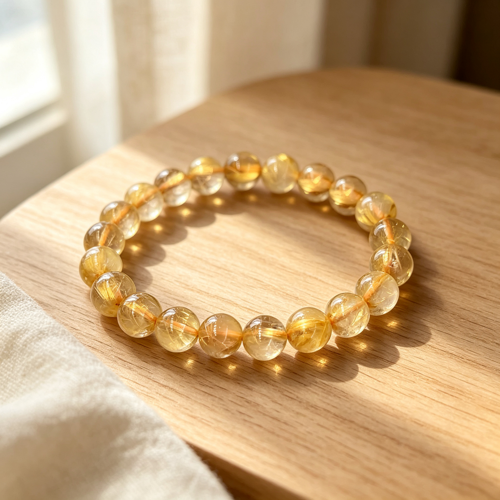 Gold Rutilated Quartz Beaded Bracelet Natural Crystal Wealth Success Career Luck Protection Road Opener Unisex Gemstone Bracelet