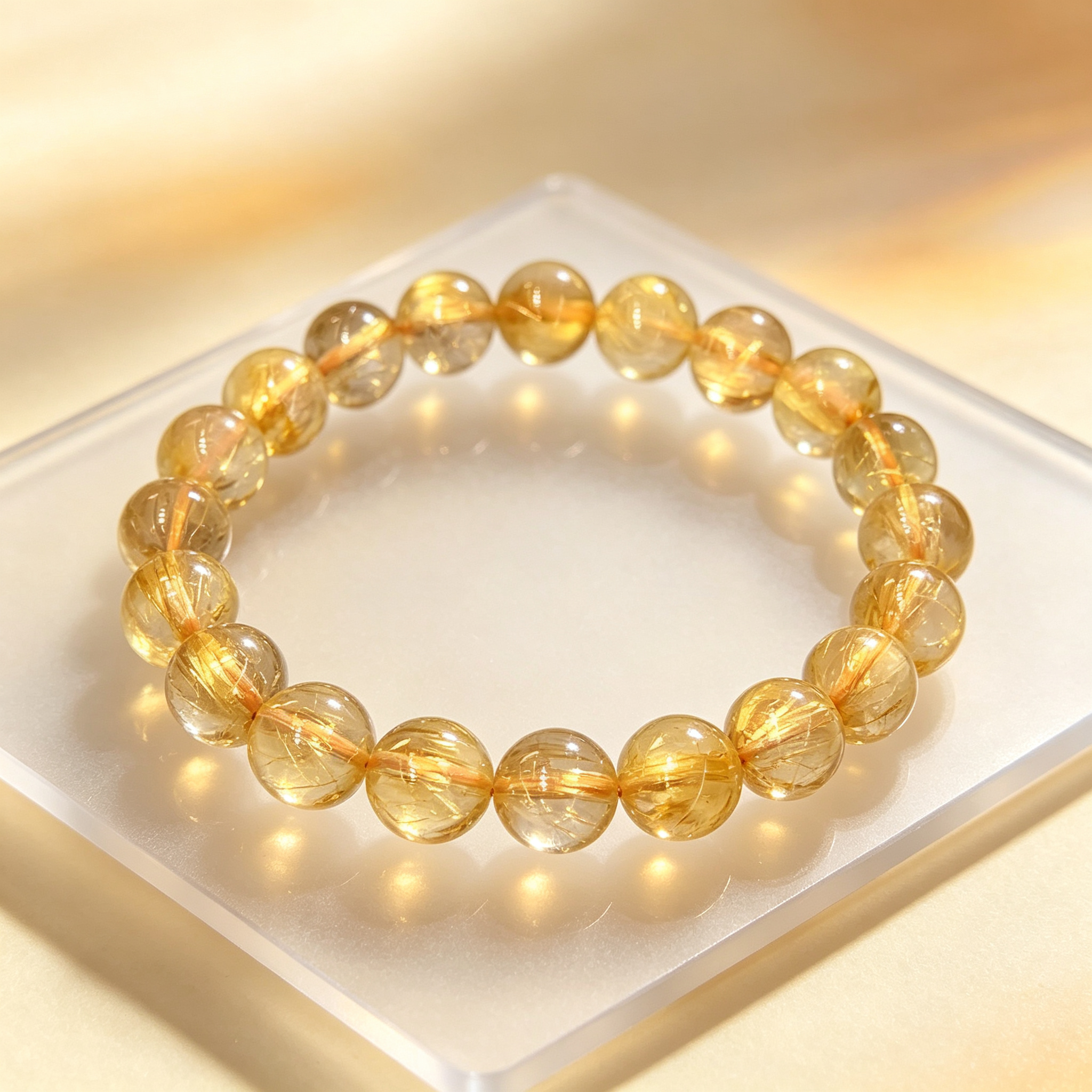 Gold Rutilated Quartz Beaded Bracelet Natural Crystal Wealth Success Career Luck Protection Road Opener Unisex Gemstone Bracelet