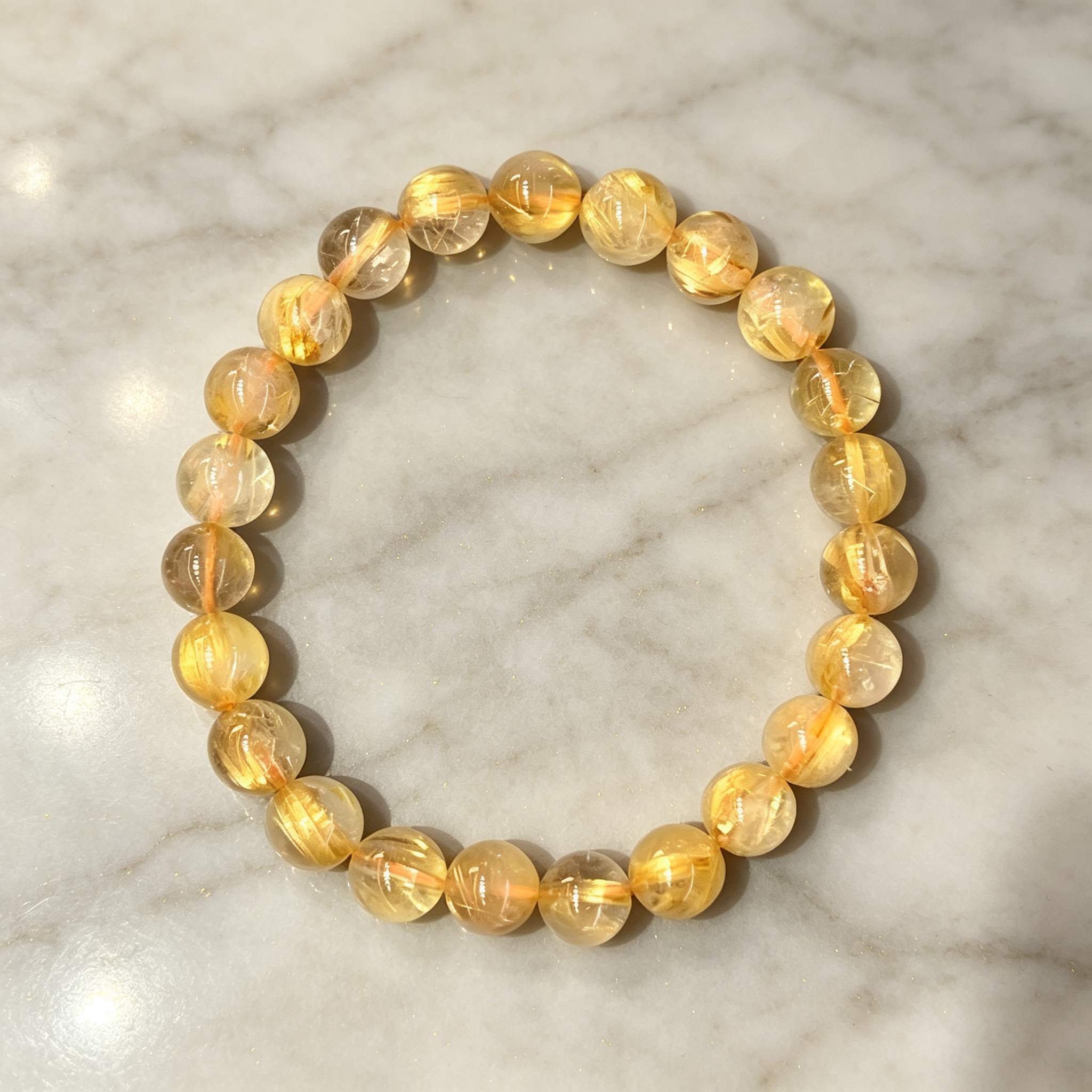 Gold Rutilated Quartz Beaded Bracelet Natural Crystal Wealth Success Career Luck Protection Road Opener Unisex Gemstone Bracelet