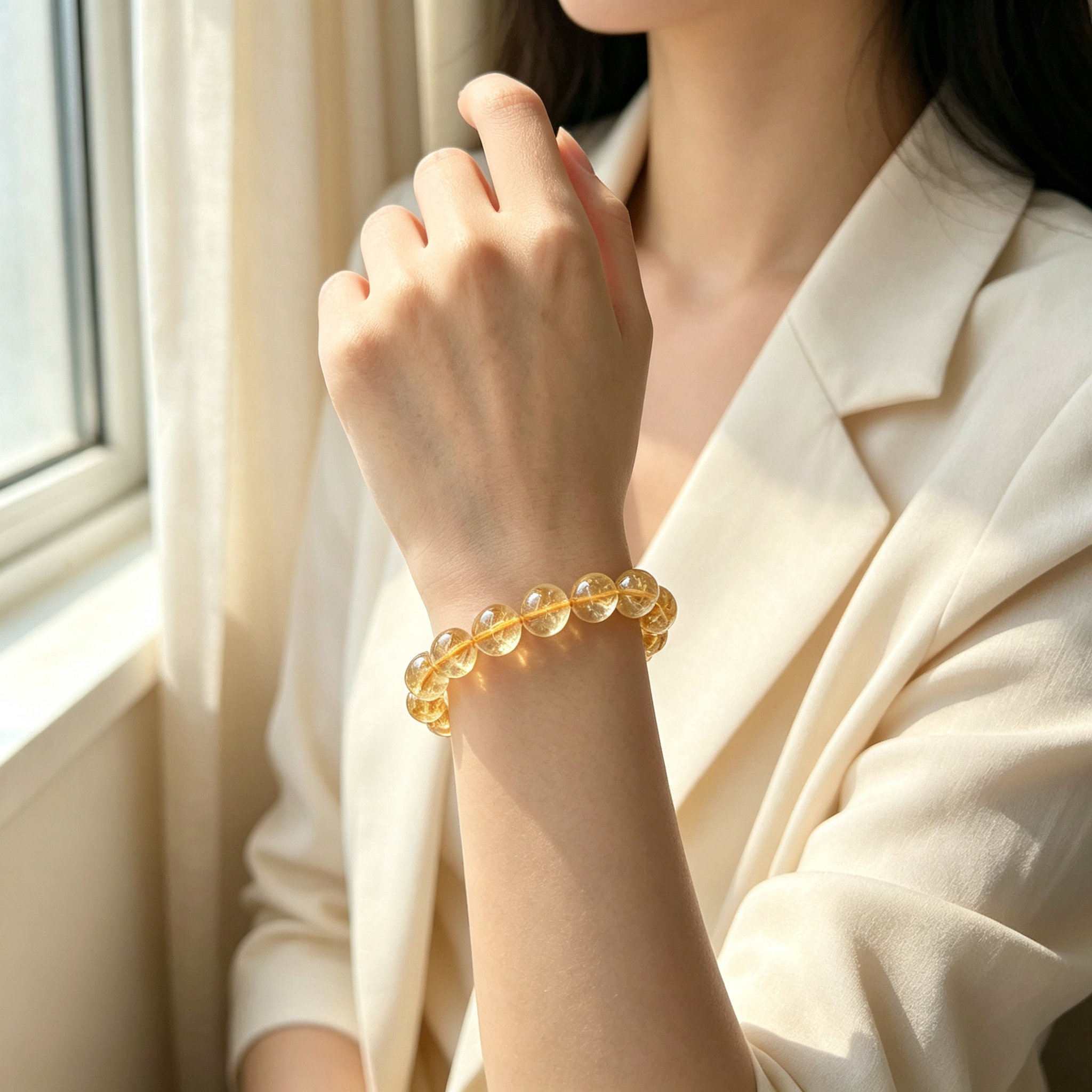 Gold Rutilated Quartz Beaded Bracelet Natural Crystal Wealth Success Career Luck Protection Road Opener Unisex Gemstone Bracelet