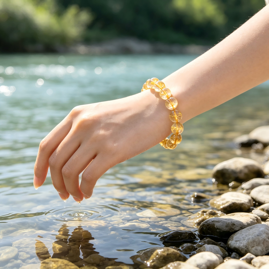 Gold Rutilated Quartz Beaded Bracelet Natural Crystal Wealth Success Career Luck Protection Road Opener Unisex Gemstone Bracelet