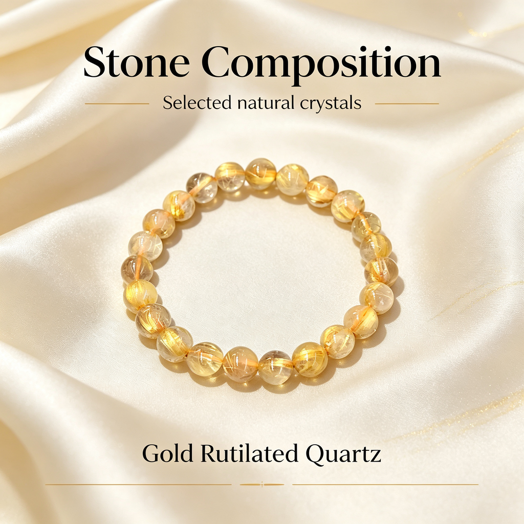 Gold Rutilated Quartz Beaded Bracelet Natural Crystal Wealth Success Career Luck Protection Road Opener Unisex Gemstone Bracelet