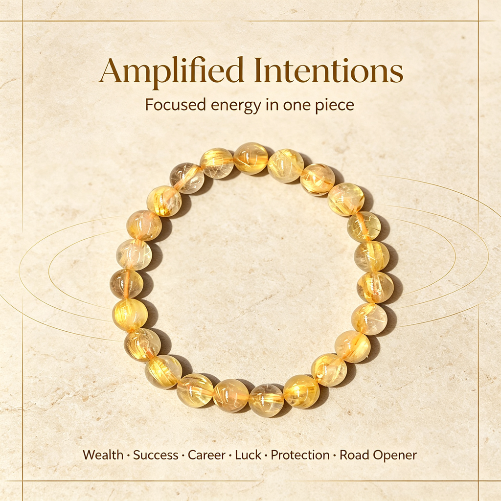 Gold Rutilated Quartz Beaded Bracelet Natural Crystal Wealth Success Career Luck Protection Road Opener Unisex Gemstone Bracelet