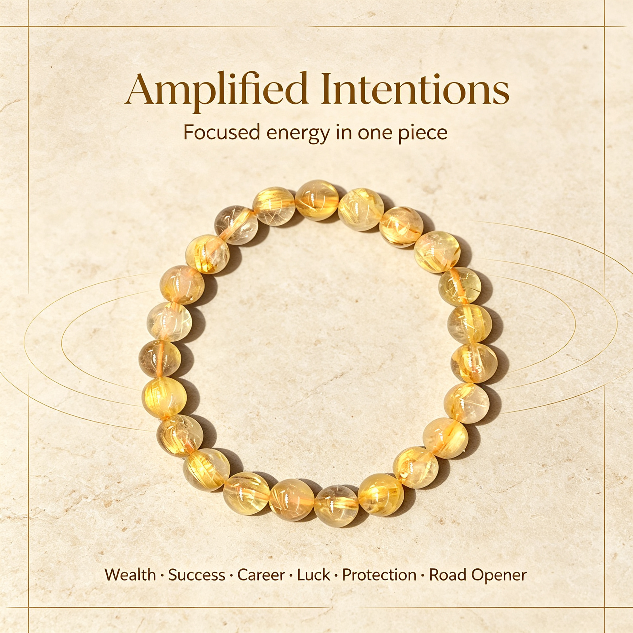 Gold Rutilated Quartz Beaded Bracelet Natural Crystal Wealth Success Career Luck Protection Road Opener Unisex Gemstone Bracelet