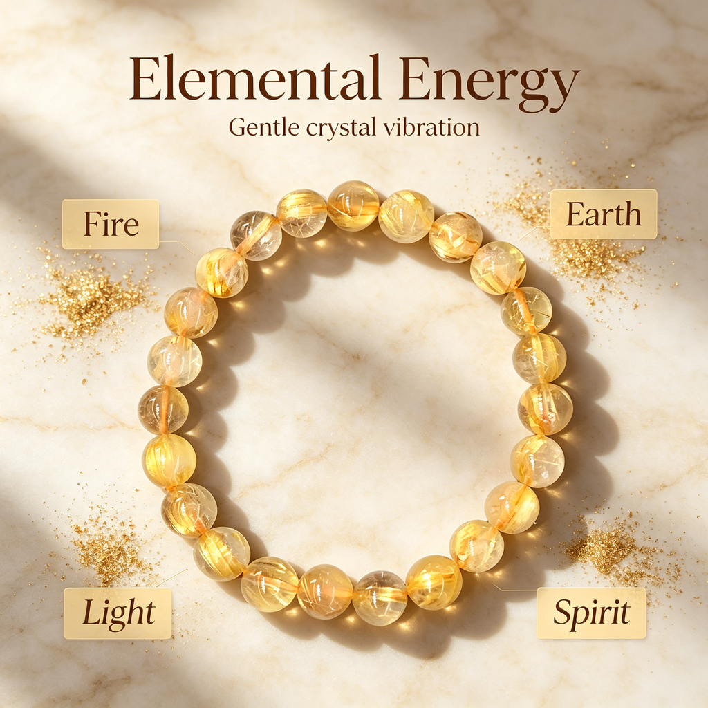 Gold Rutilated Quartz Beaded Bracelet Natural Crystal Wealth Success Career Luck Protection Road Opener Unisex Gemstone Bracelet