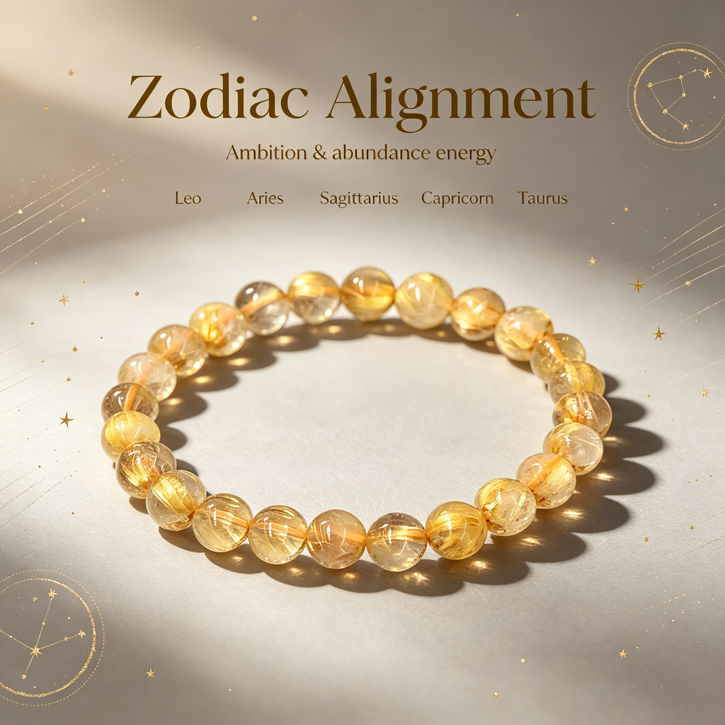 Gold Rutilated Quartz Beaded Bracelet Natural Crystal Wealth Success Career Luck Protection Road Opener Unisex Gemstone Bracelet