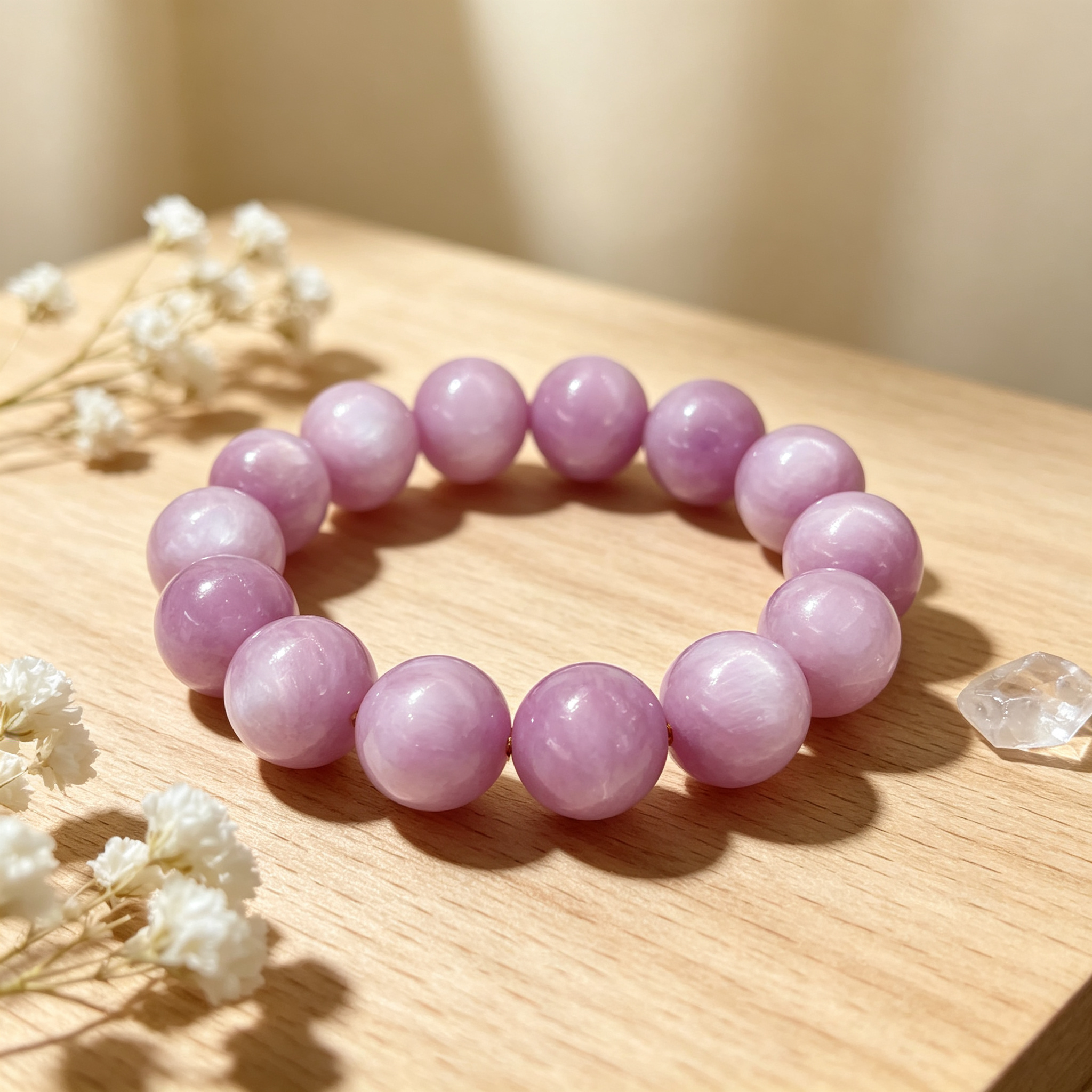 Kunzite Beaded Bracelet Natural Gemstone Calm Anxiety Love Relationships Protection Luck Health Unisex Bracelet