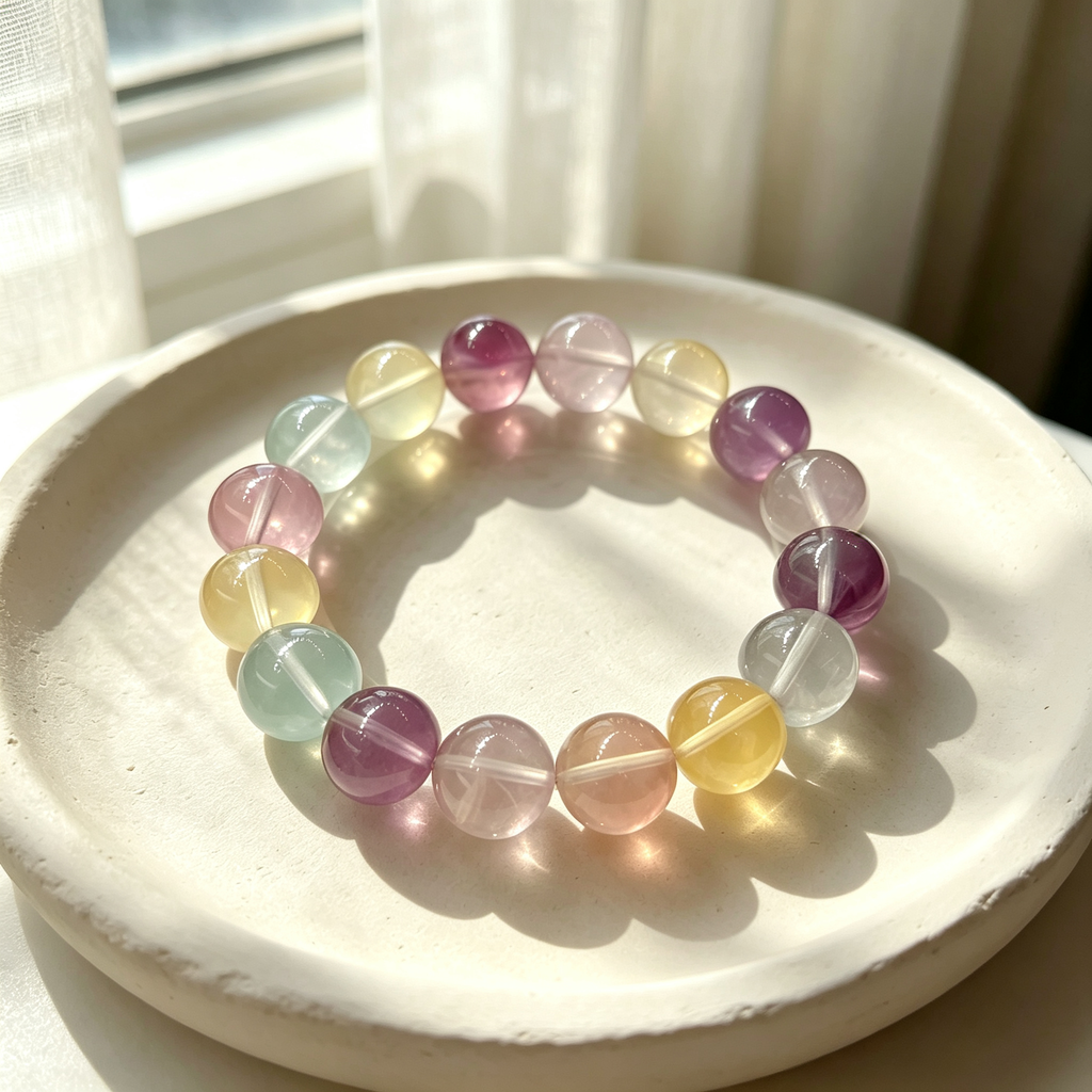 Multi-color Fluorite Beaded Bracelet Natural Gemstone Calm Anxiety Success Career Protection Road Opener Luck Health Unisex Bracelet