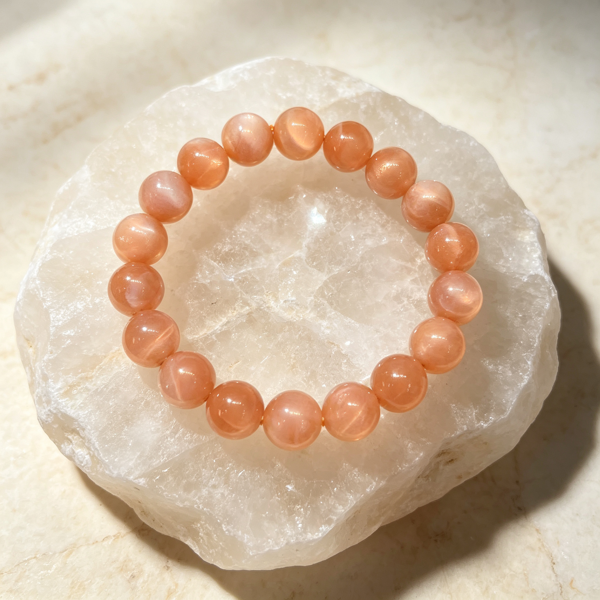 Orange Moonstone Beaded Bracelet Natural Crystal Calm Anxiety Love Relationships Luck Fertility Unisex Gemstone Bracelet