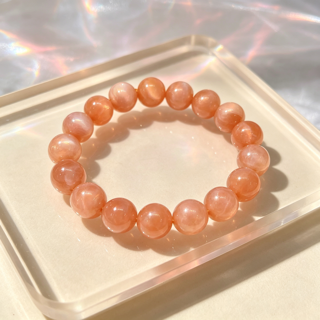 Orange Moonstone Beaded Bracelet Natural Crystal Calm Anxiety Love Relationships Luck Fertility Unisex Gemstone Bracelet