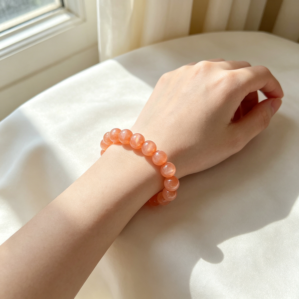 Orange Moonstone Beaded Bracelet Natural Crystal Calm Anxiety Love Relationships Luck Fertility Unisex Gemstone Bracelet