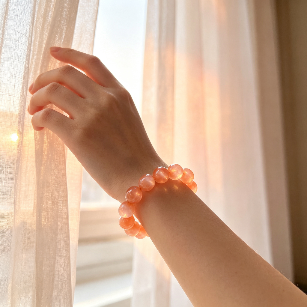 Orange Moonstone Beaded Bracelet Natural Crystal Calm Anxiety Love Relationships Luck Fertility Unisex Gemstone Bracelet