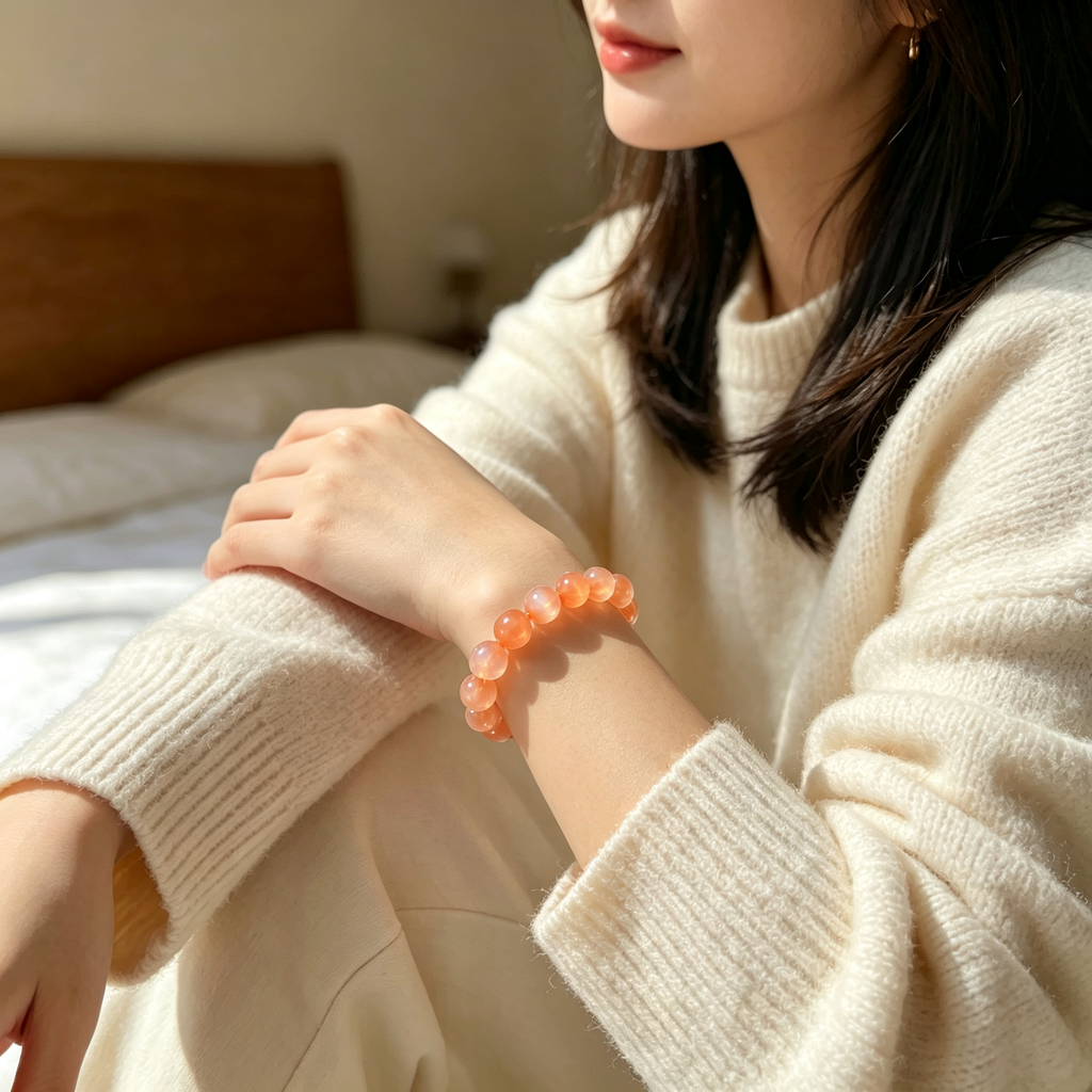 Orange Moonstone Beaded Bracelet Natural Crystal Calm Anxiety Love Relationships Luck Fertility Unisex Gemstone Bracelet