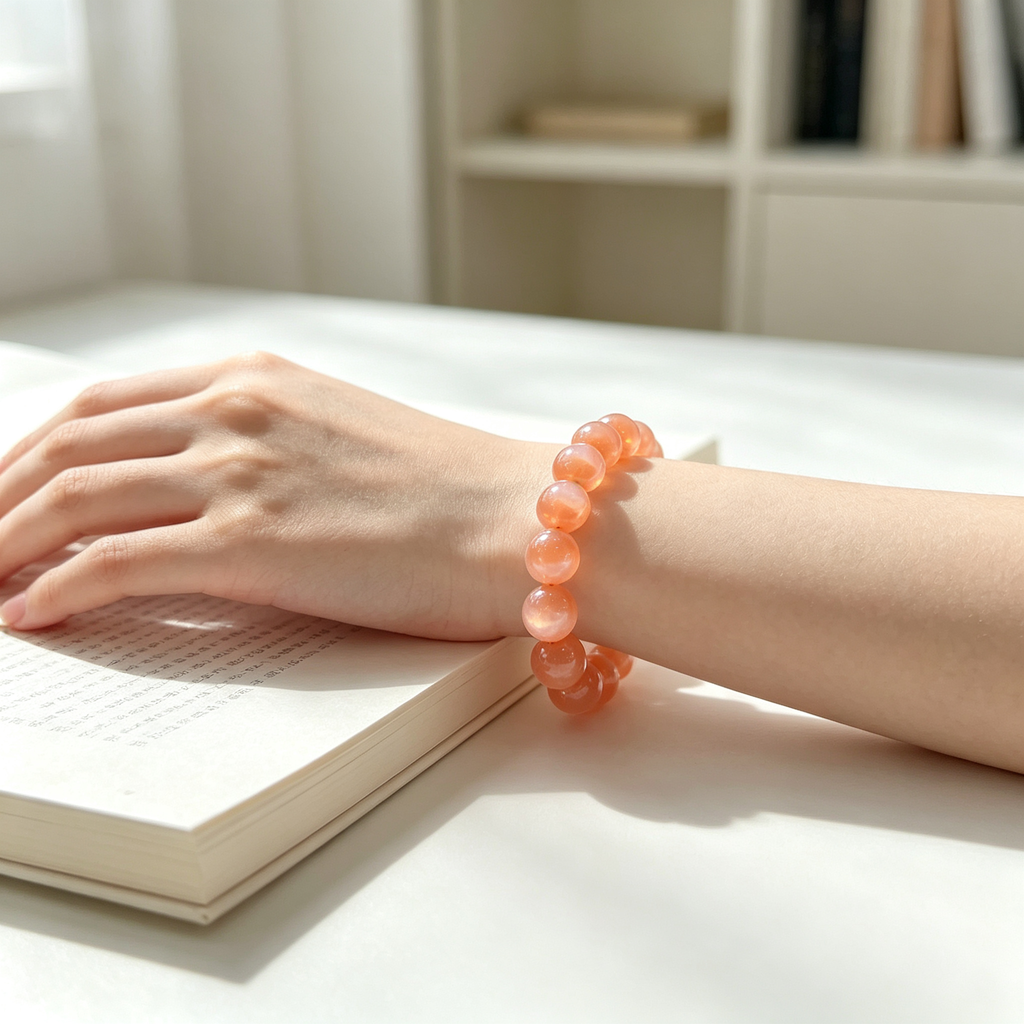 Orange Moonstone Beaded Bracelet Natural Crystal Calm Anxiety Love Relationships Luck Fertility Unisex Gemstone Bracelet