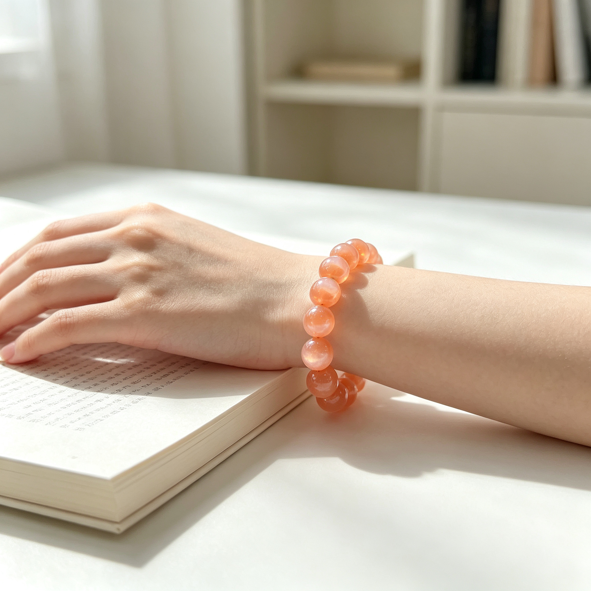 Orange Moonstone Beaded Bracelet Natural Crystal Calm Anxiety Love Relationships Luck Fertility Unisex Gemstone Bracelet