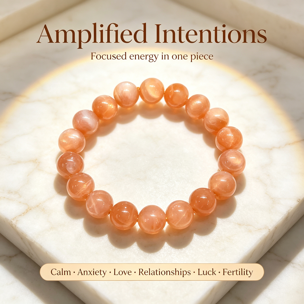 Orange Moonstone Beaded Bracelet Natural Crystal Calm Anxiety Love Relationships Luck Fertility Unisex Gemstone Bracelet