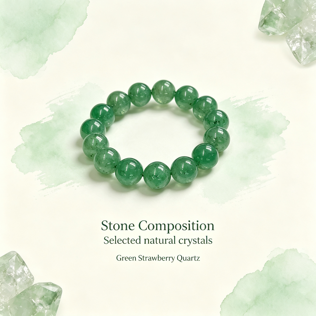 Green Strawberry Quartz Beaded Bracelet Natural Crystal Love Relationships Calm Anxiety Luck Health Protection Unisex Gemstone Bracelet